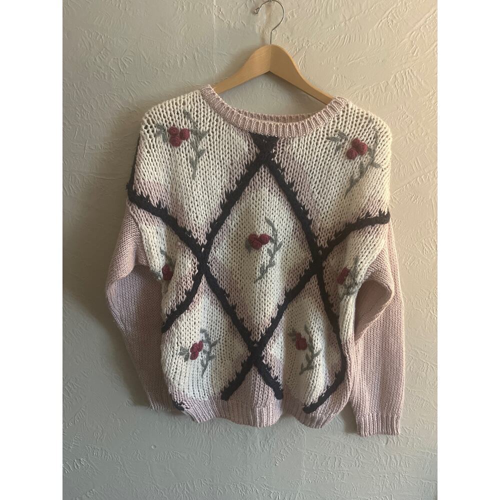 Jamie Scott Vintage Handknitted Floral Pink Cottagecore Sweater Medium